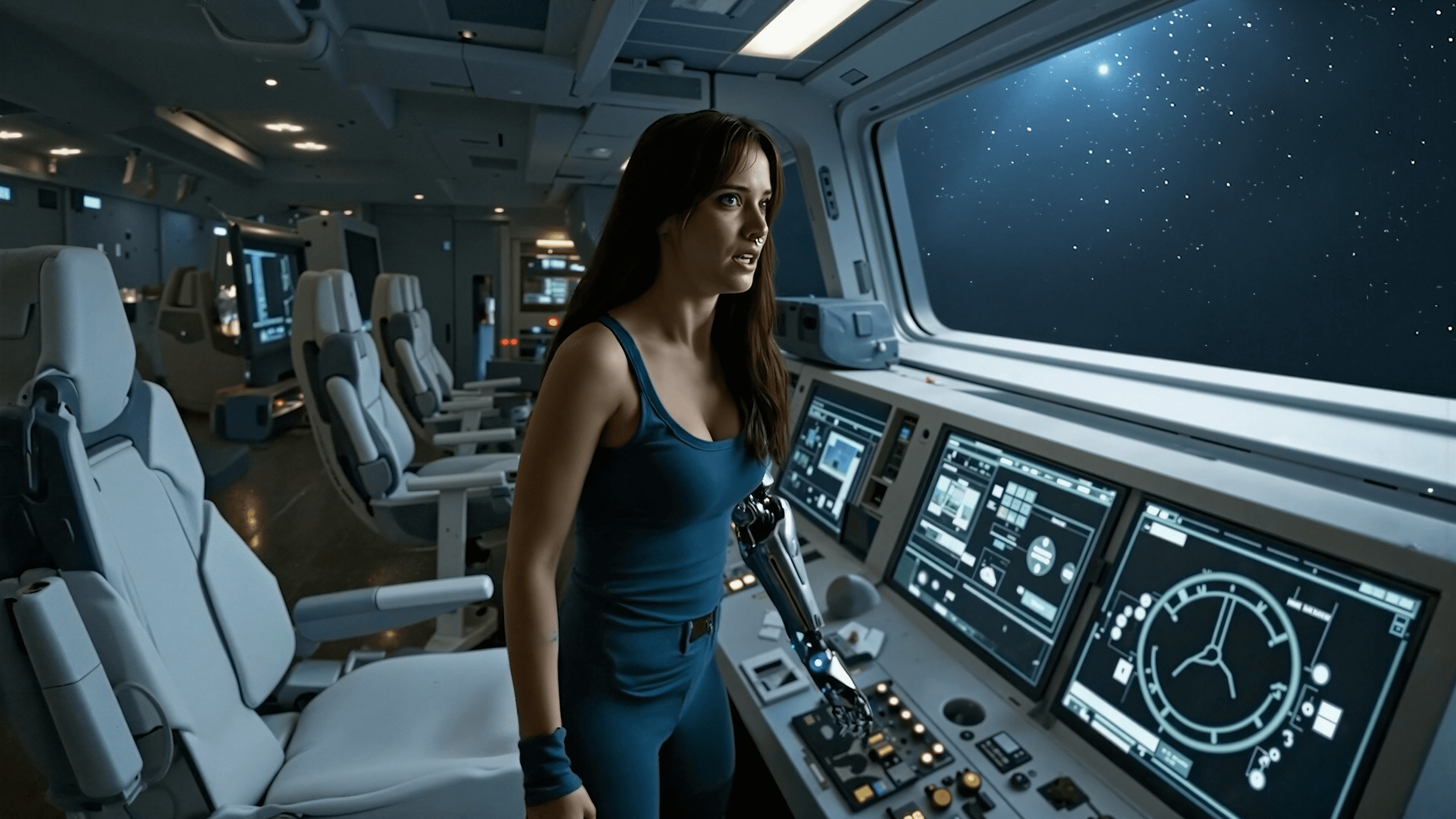 Olivia inside a ship command deck